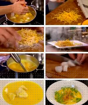 Stap voor stap foto's voor pompoensoep van Piet huysentruyt feestelijk geserveerd met stukjes kabeljauw en gefrituurde pompoenstukjes